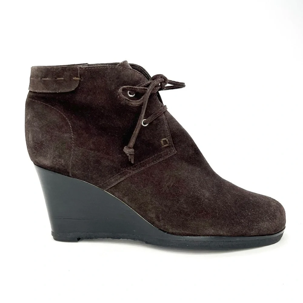 Via Spiga Mirren Ankle Boots Olive Brown Suede Wedge Heel Laced Women’s Size 8.5
